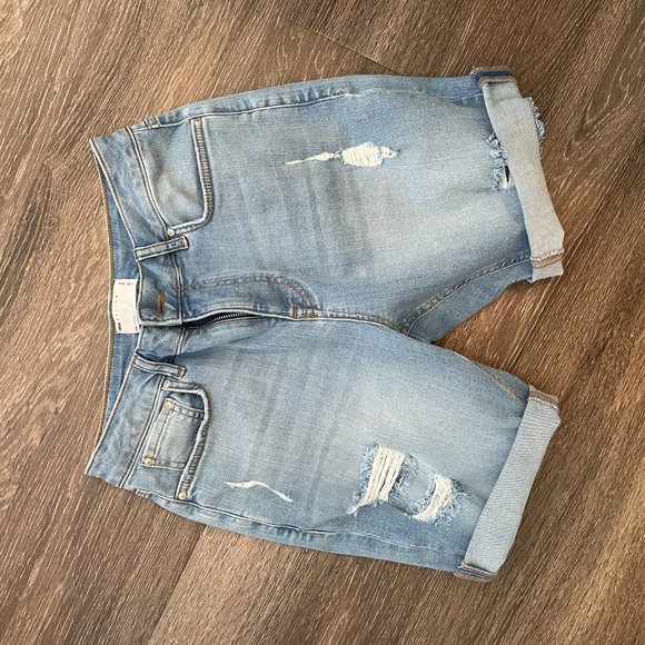 Mens Slim denim shorts in mid blue wash with rips - Picture 3 of 4